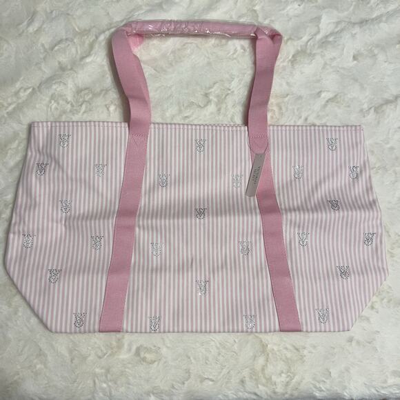 Victoria's Secret Handbags - Victoria’s Secret Heritage Stripe Tote Bag Light Pink Glitter Logo Canvas NWT